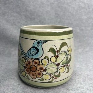 TONALA Style Pottery Lat Mexico Floral FOLK ART Blue Bird XL Coffee Mug Signed